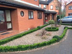 new garden landscaped with stones and box hedges